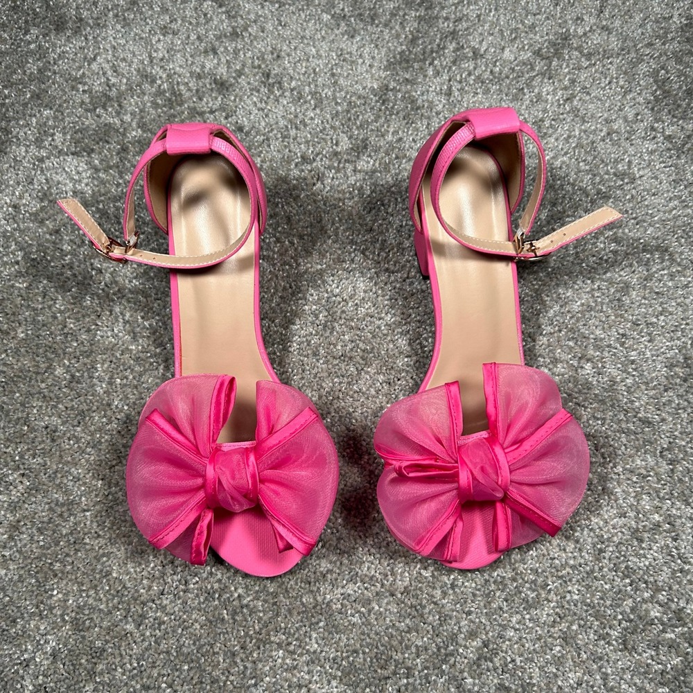 Hot Pink Block Heel Sandals Oversized Organza Bow Ankle Strap Size 38 EU - Picture 3 of 7